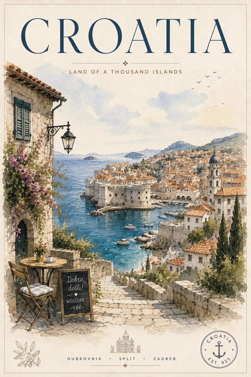 Vintage watercolor travel poster illustration, elegant European travel postcard aesthetic, soft  3