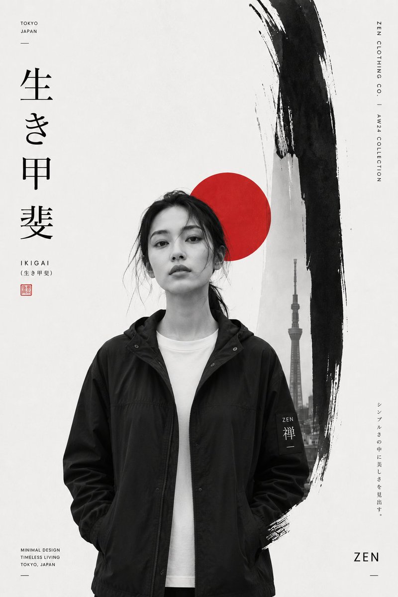 Create a premium Japanese-inspired minimalist fashion editorial poster featuring a stylish young 2