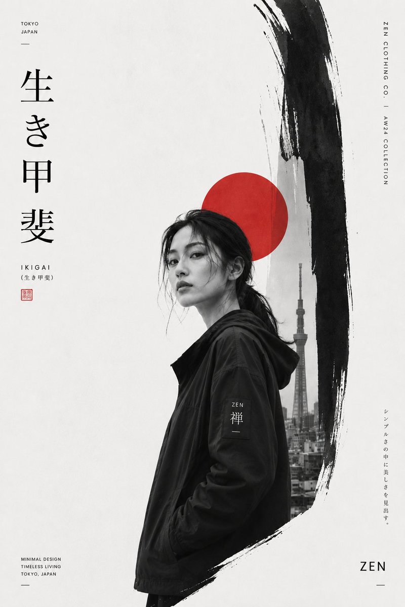 Create a premium Japanese-inspired minimalist fashion editorial poster featuring a stylish young