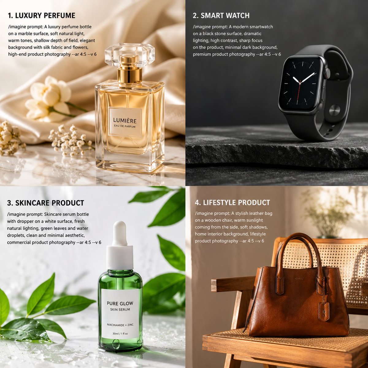generate High-quality Midjourney prompts for product photography. Every prompt is tested for con