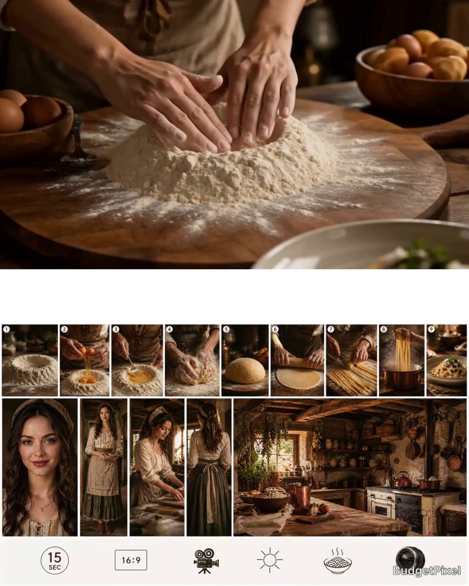 Create one single composite reference sheet for a 15-second realistic pasta-making tutorial vide