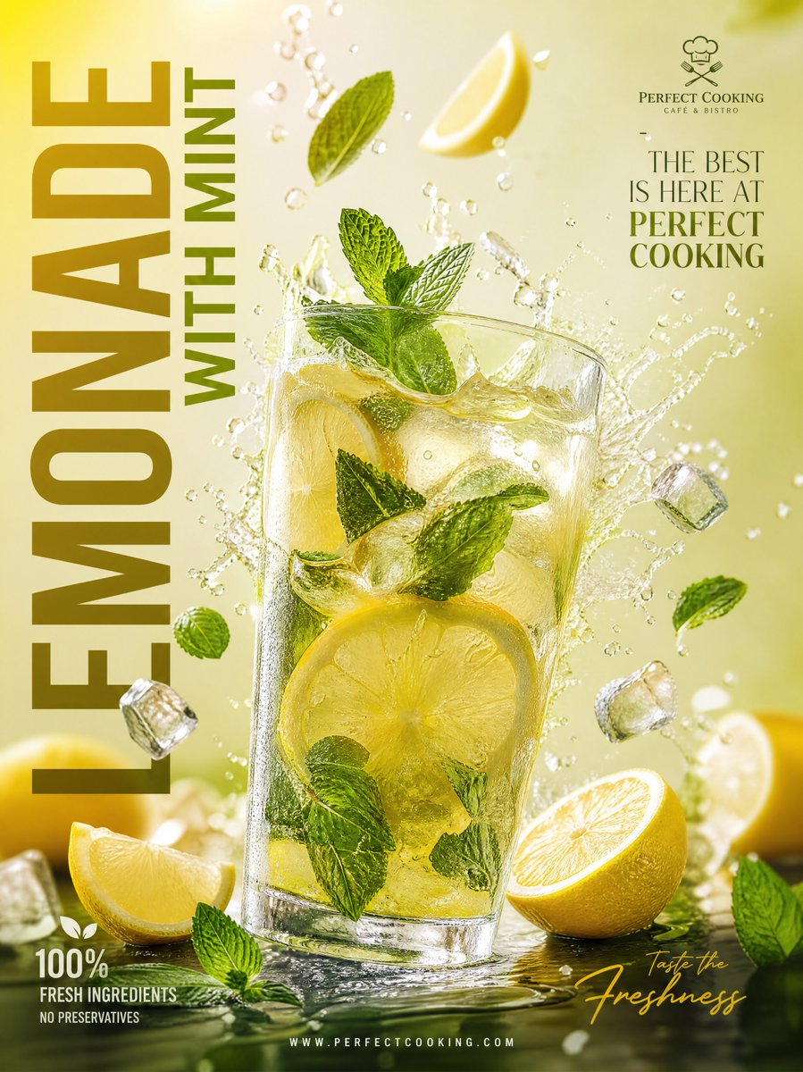Ultra-realistic premium lemonade advertisement poster design, luxury modern café branding style,