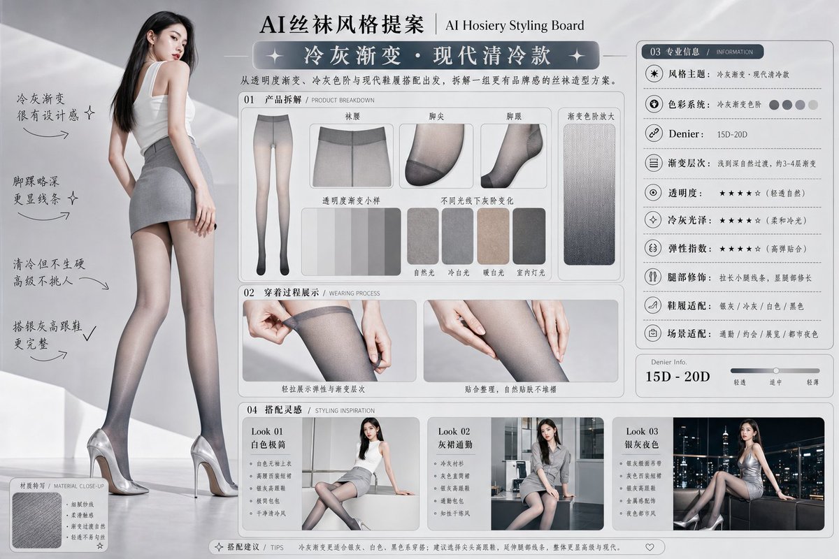 请生成一张横向 4:3 的中文版「AI丝袜风格提案 / AI Hosiery Styling Board」图片。 2