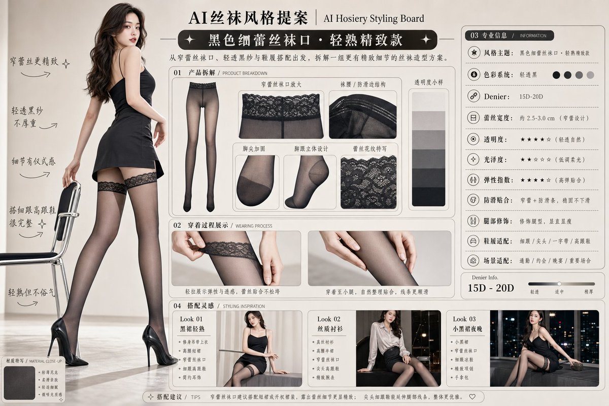 请生成一张横向 4:3 的中文版「AI丝袜风格提案 / AI Hosiery Styling Board」图片。 3
