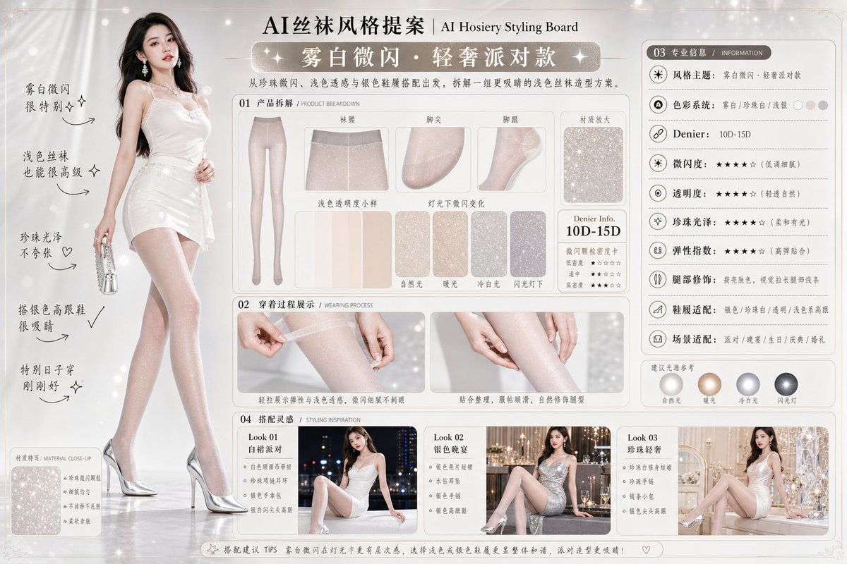 请生成一张横向 4:3 的中文版「AI丝袜风格提案 / AI Hosiery Styling Board」图片。 4