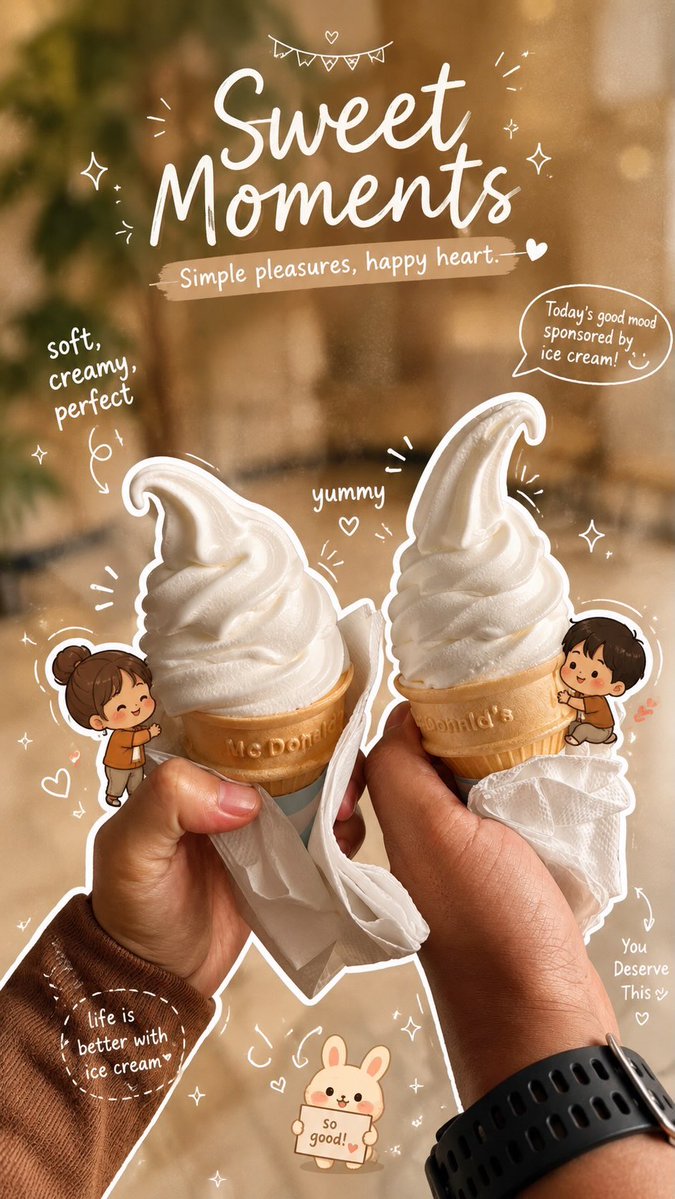 Close-up aesthetic photo of two hands holding vanilla soft serve ice cream cones, cozy warm cafe