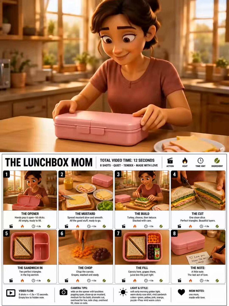 Create a crisp, clean infographic storyboard poster for THE LUNCHBOX MOM. Wide 16:9 layout, whit