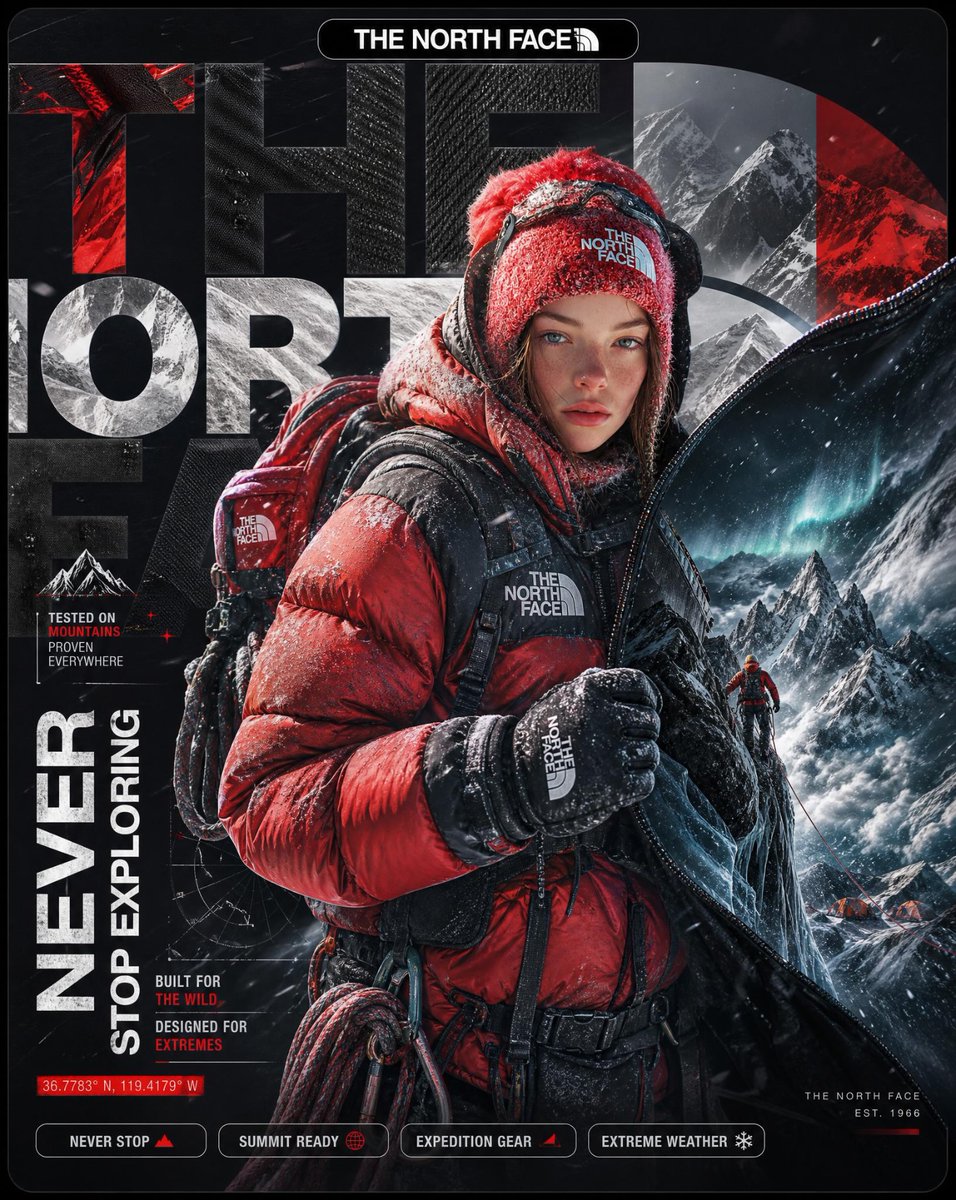 A hyper-detailed surreal advertising poster for The North Face.