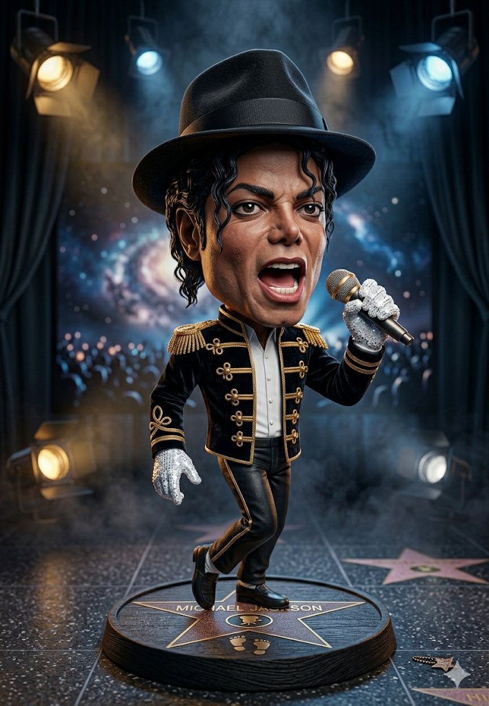 A hyper-detailed 3D caricature figurine of a legendary pop music icon, bobblehead chibi style. C