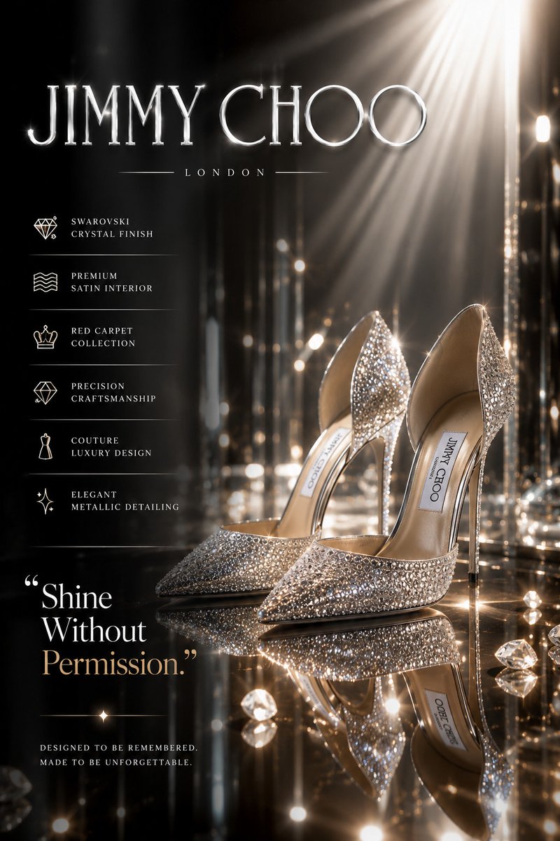 Create an ultra-premium luxury fashion advertisement poster for designer high heels inspired by  2