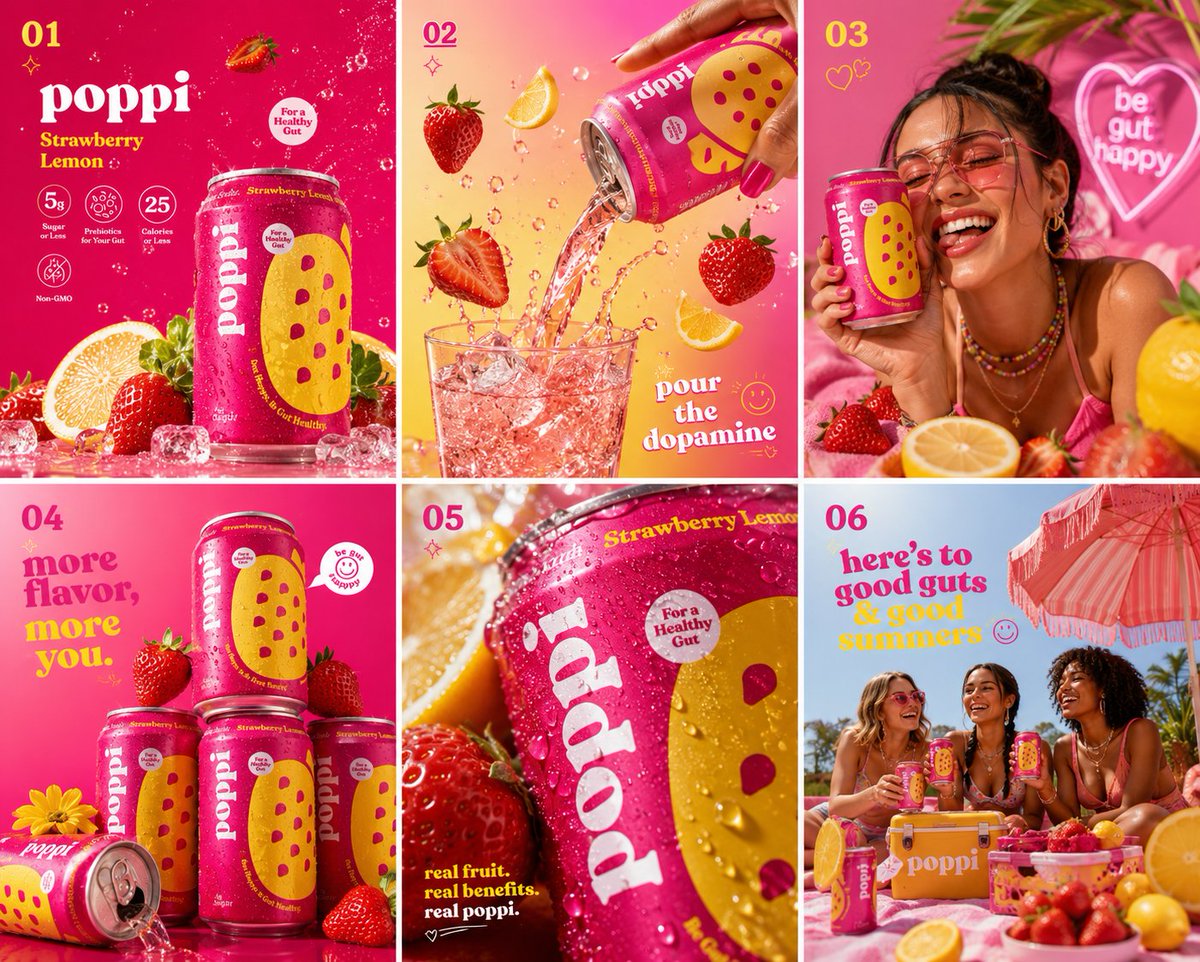 Ultra vibrant Poppi Strawberry Lemon soda hero shot, hot pink seamless background, oversized glo