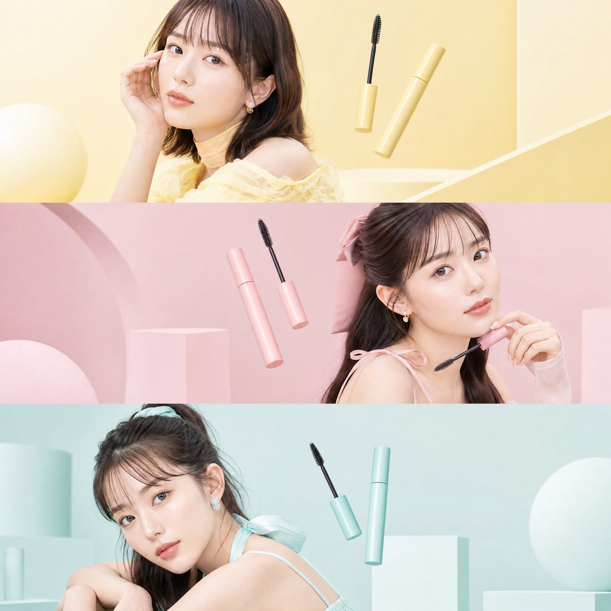 Ultra-premium Japanese beauty editorial collage, three fashionable young women stacked verticall
