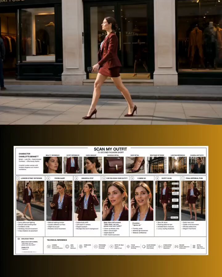 Create a wide cinematic storyboard infographic (16:9) for a 15-second luxury fashion film titled