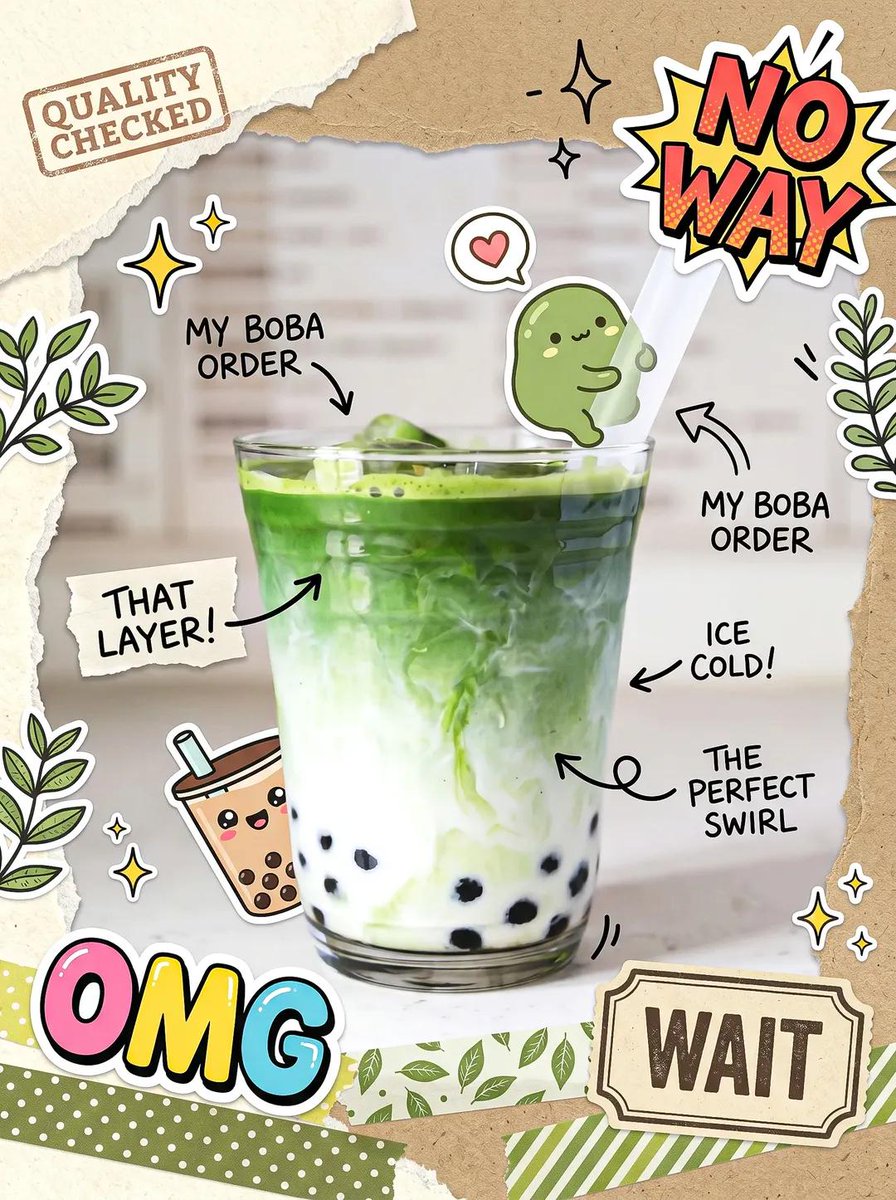 Cute scrapbook-style food photography poster, aesthetic matcha latte drink flatlay, kawaii cafe  2