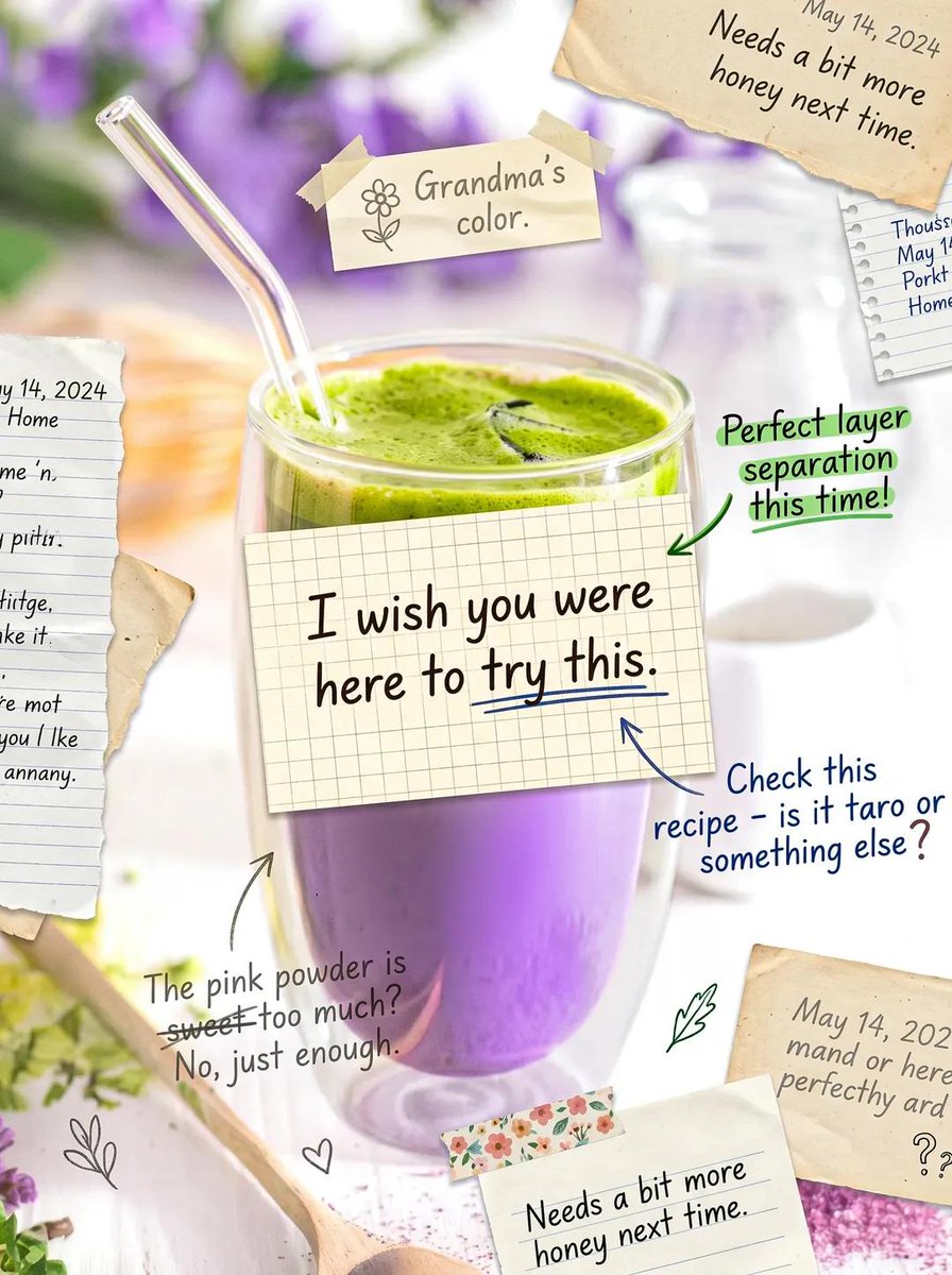 Cute scrapbook-style food photography poster, aesthetic matcha latte drink flatlay, kawaii cafe  3