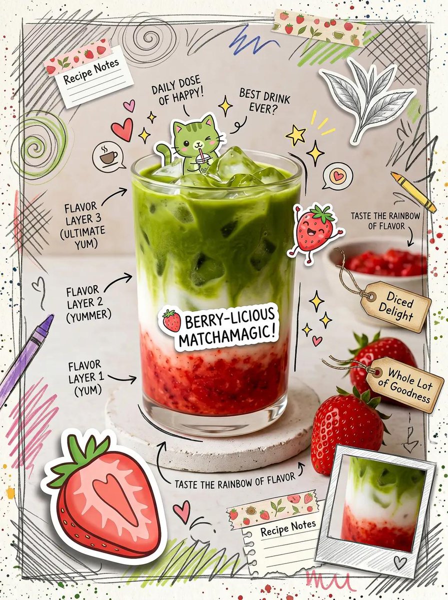 Cute scrapbook-style food photography poster, aesthetic matcha latte drink flatlay, kawaii cafe 