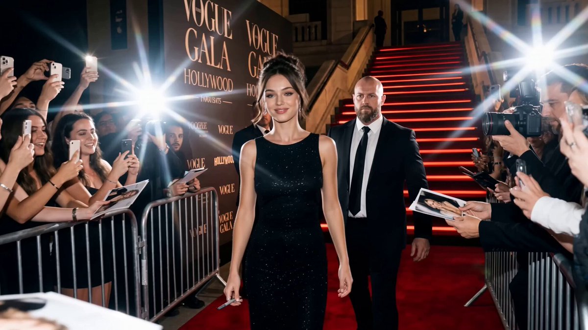 Ultra-realistic cinematic vertical video (9:16), authentic paparazzi/fan-captured red carpet mom