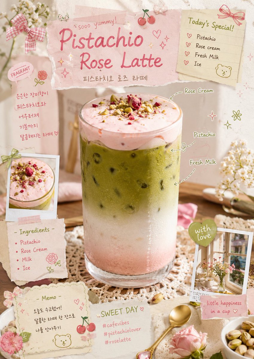 rose latte aesthetic, layered iced pistachio drink with rose cream foam and milk gradients, ultr 2