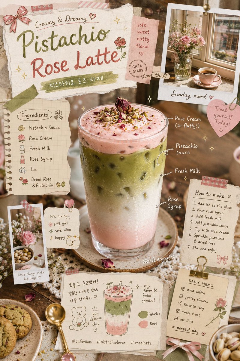 rose latte aesthetic, layered iced pistachio drink with rose cream foam and milk gradients, ultr