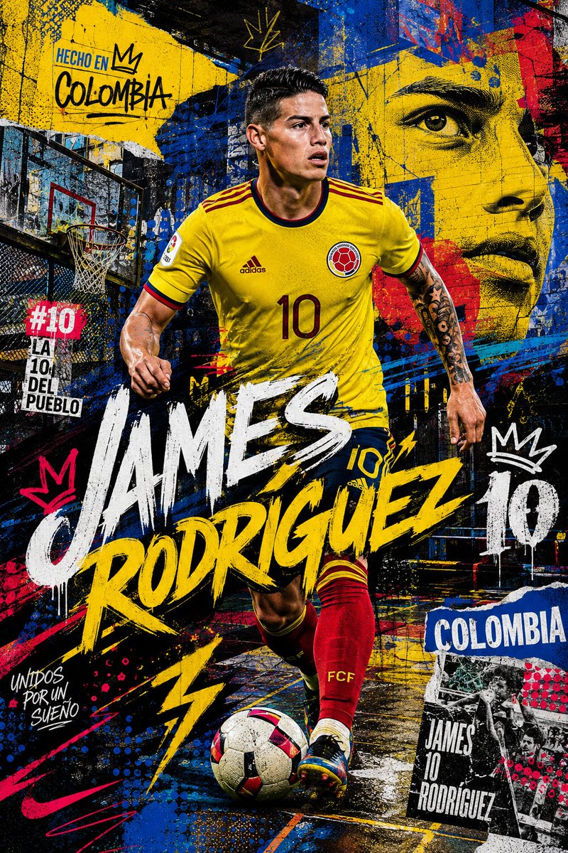 A dynamic mixed-media football poster featuring James Rodríguez in Colombia’s national team colo 3