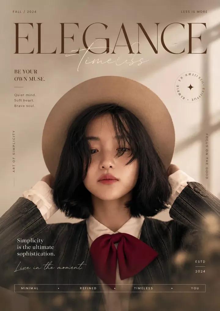 Ultra-realistic soft aesthetic fashion magazine cover portrait of a young East Asian girl with s