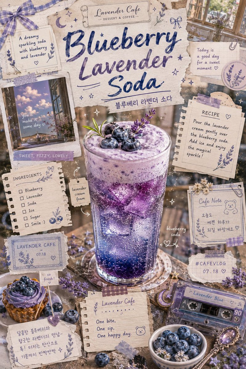 Vintage-inspired blueberry lavender soda scrapbook poster, dreamy artisanal cafe advertisement a 2