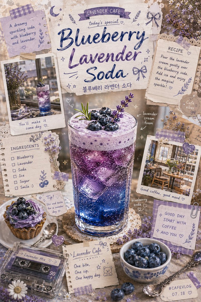 Vintage-inspired blueberry lavender soda scrapbook poster, dreamy artisanal cafe advertisement a 3