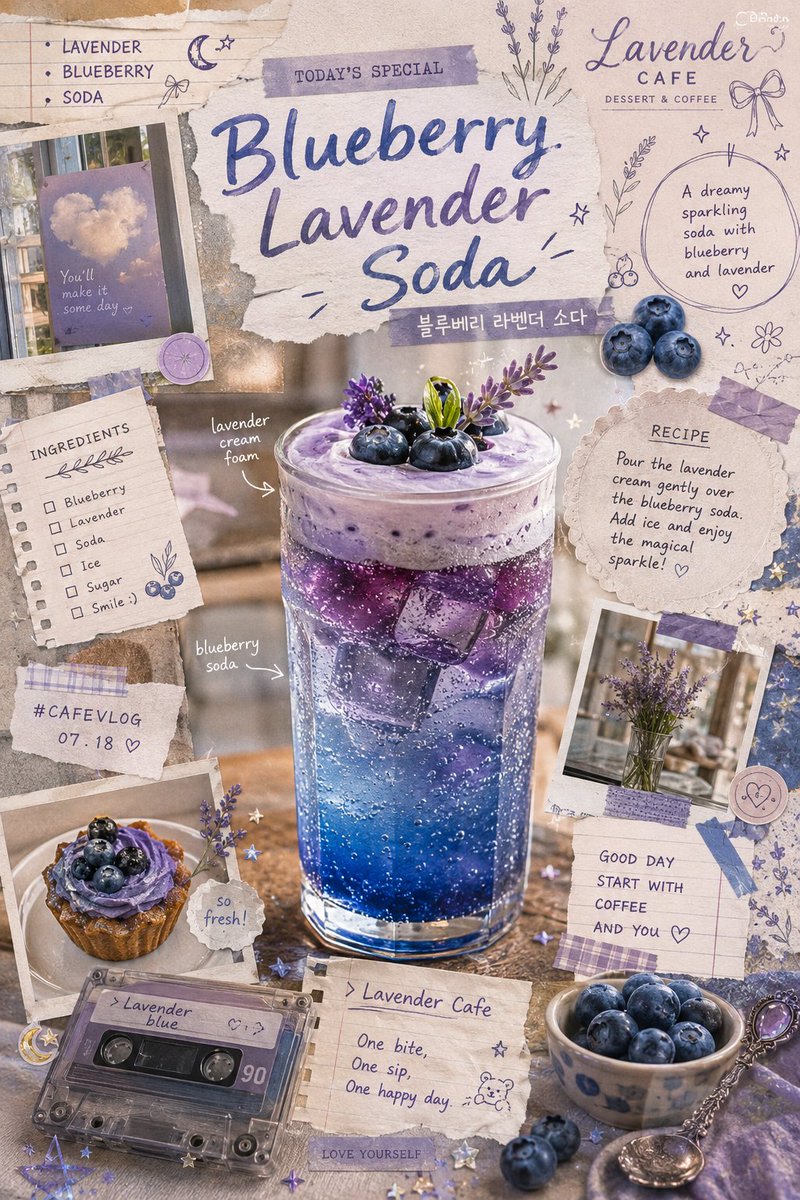 Vintage-inspired blueberry lavender soda scrapbook poster, dreamy artisanal cafe advertisement a
