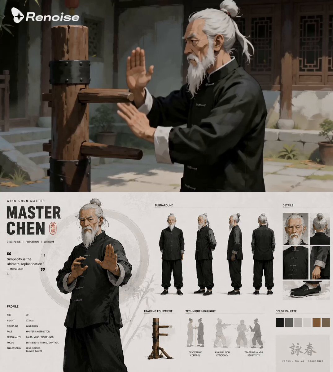 Ultra-detailed martial arts character design sheet, “Master Chen”, legendary Wing Chun grandmast