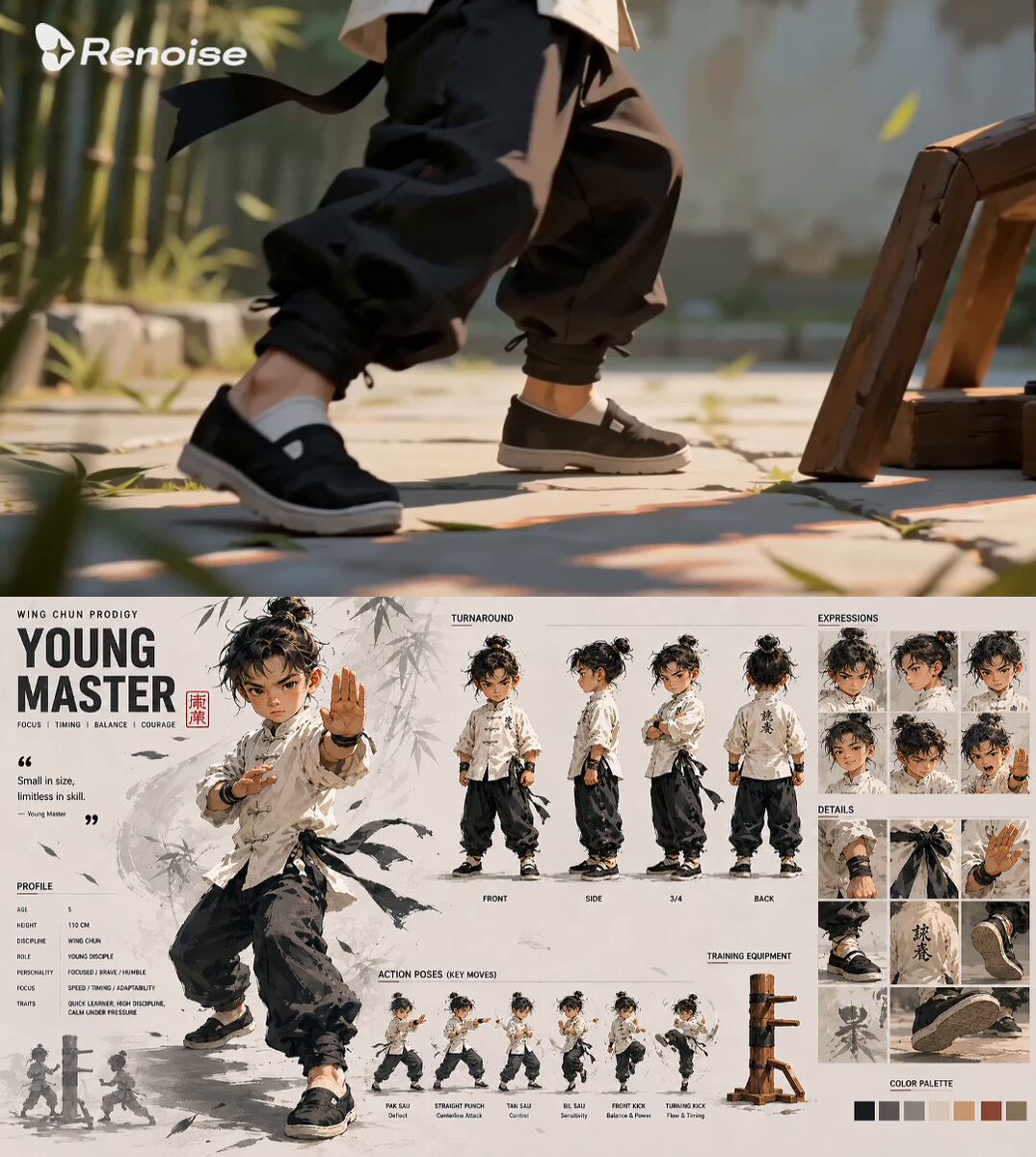 Ultra-detailed martial arts child character design sheet, “Young Master”, legendary Wing Chun pr