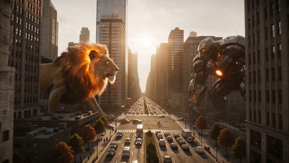 A cinematic, hyper-realistic action sequence set in a sprawling, sunlit metropolis. A colossal, 