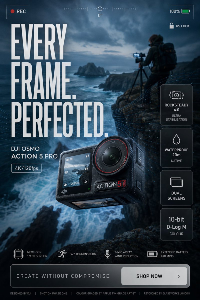 Ultra-high-end commercial product advertisement poster for GoPro HERO action camera, 2