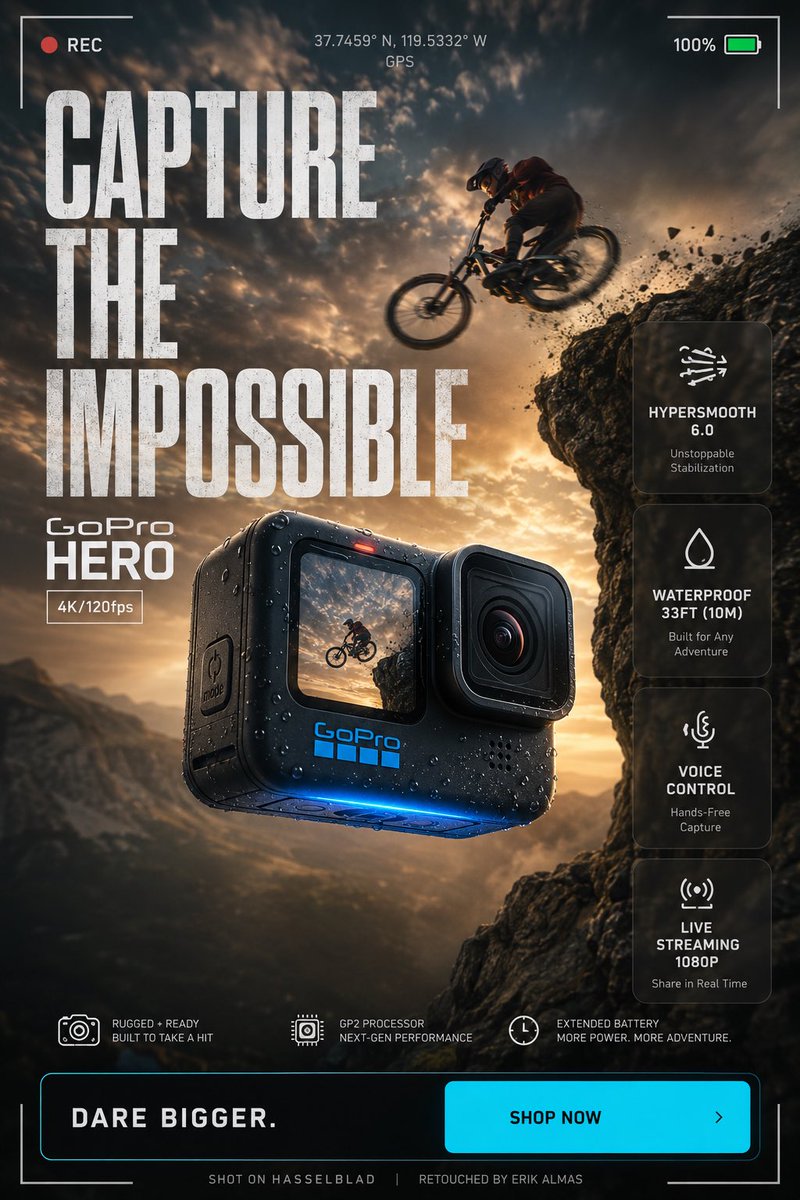Ultra-high-end commercial product advertisement poster for GoPro HERO action camera, 3