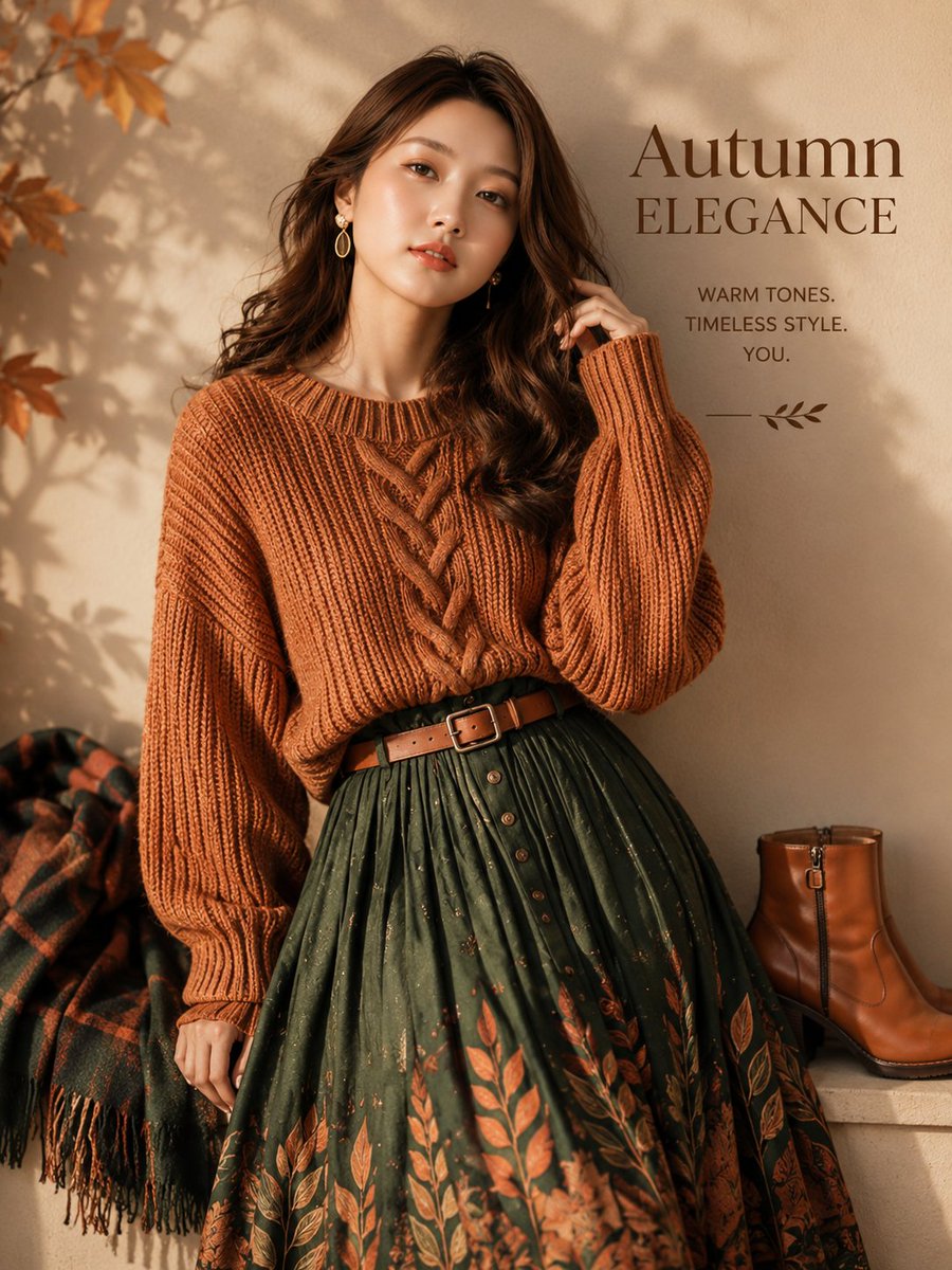 Ultra-realistic autumn fashion editorial poster featuring a beautiful East Asian woman posing in