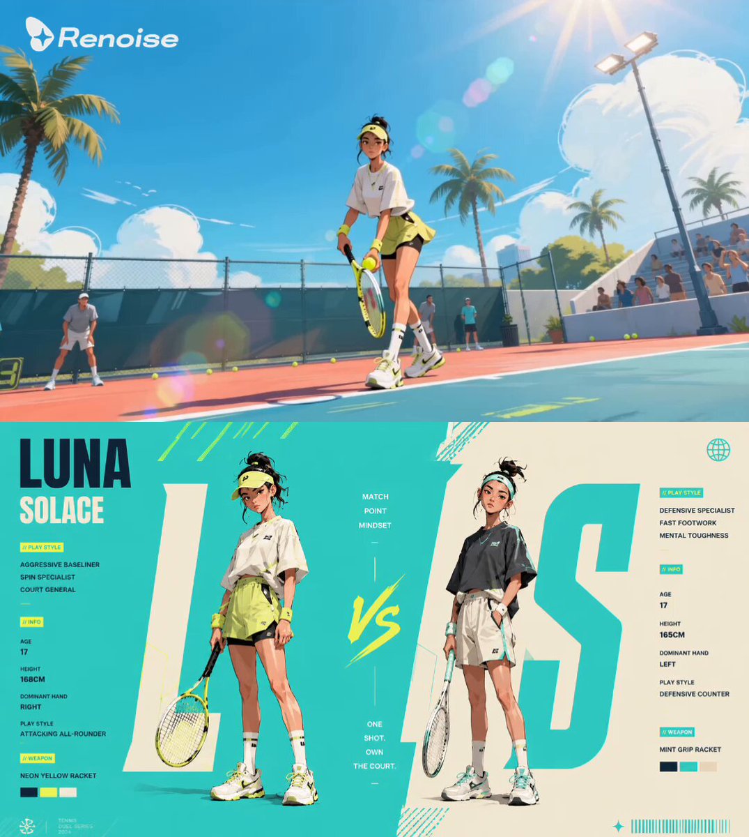Ultra-detailed anime-inspired female tennis character design poster, “Luna Solace”, futuristic s