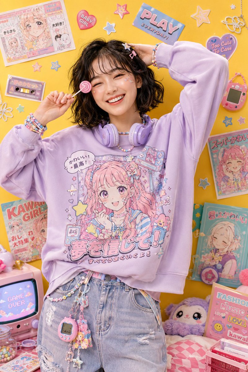 Playful kawaii-inspired studio fashion editorial featuring a cheerful young Asian woman with a f 2