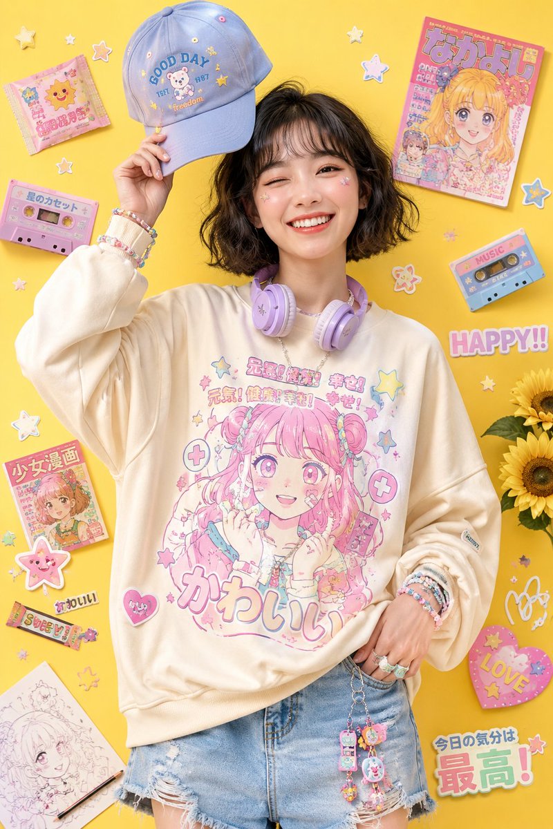 Playful kawaii-inspired studio fashion editorial featuring a cheerful young Asian woman with a f 3