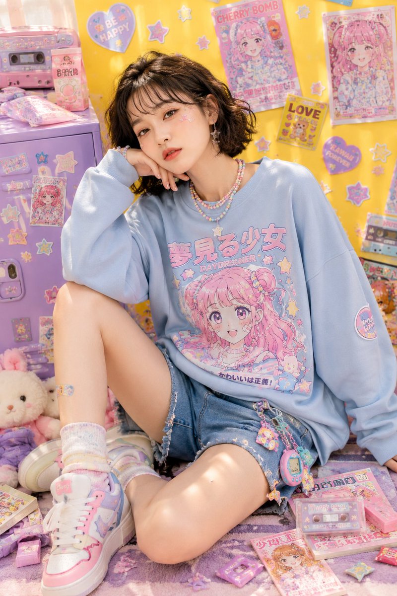 Playful kawaii-inspired studio fashion editorial featuring a cheerful young Asian woman with a f 4