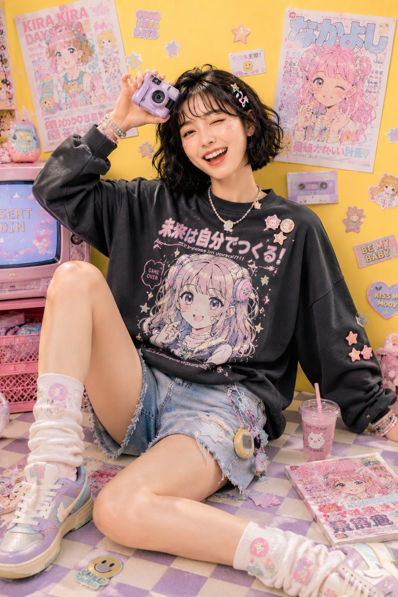 Playful kawaii-inspired studio fashion editorial featuring a cheerful young Asian woman with a f