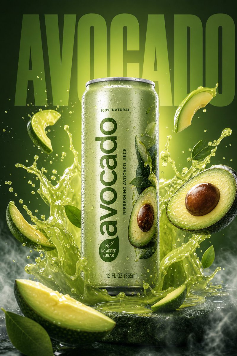A high-resolution, vibrant product ad featuring a (avacado ) flavored beverage can. Place the ca