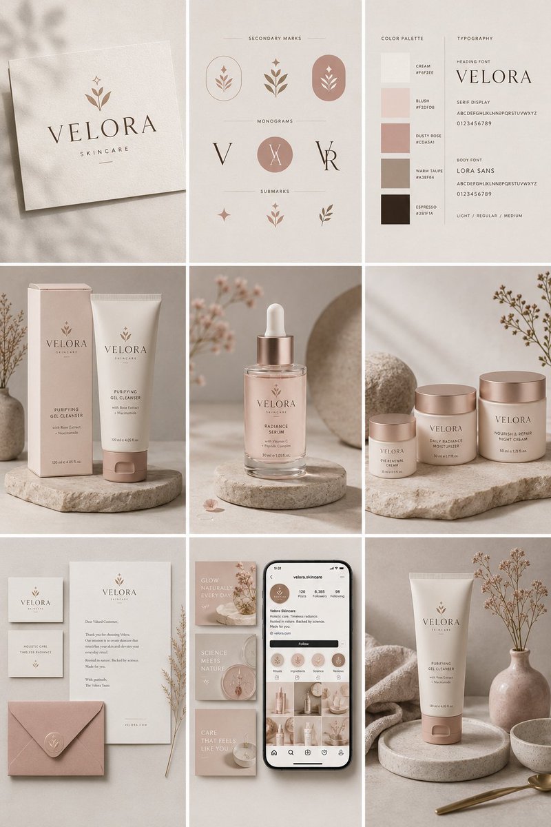 Create a complete brand identity presentation for an original premium skincare brand called "VEL