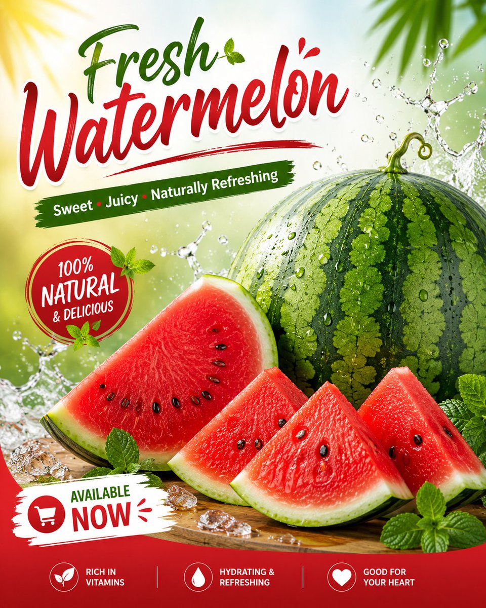 Create a fresh, eye-catching social media advertisement poster for watermelon fruit.