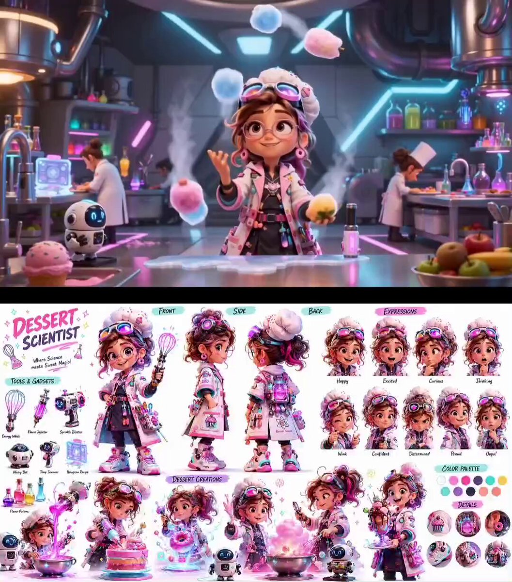 Pixar-inspired futuristic dessert scientist chef character sheet, neon-accented uniform, robotic