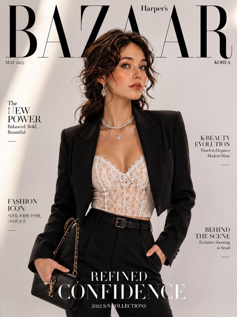 Using the provided reference image, create an ultra-realistic luxury fashion magazine cover feat