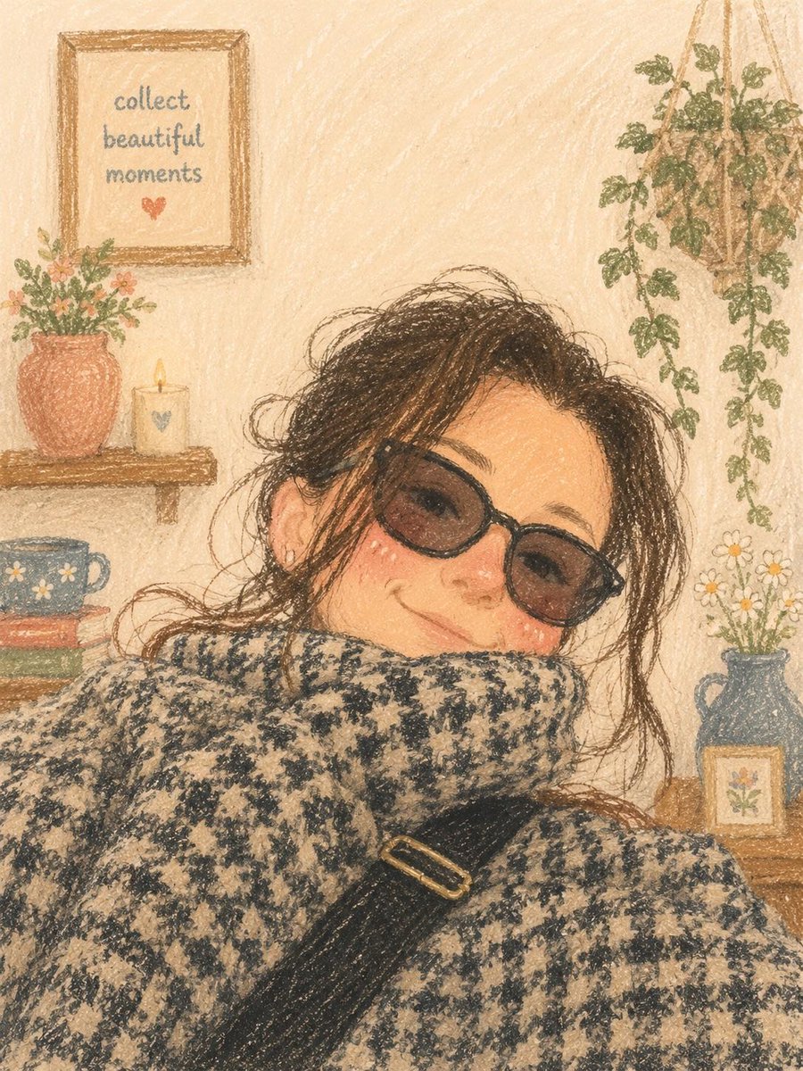 Cute cozy oil pastel illustration, soft textured crayon art style, aesthetic girl selfie portrai 2