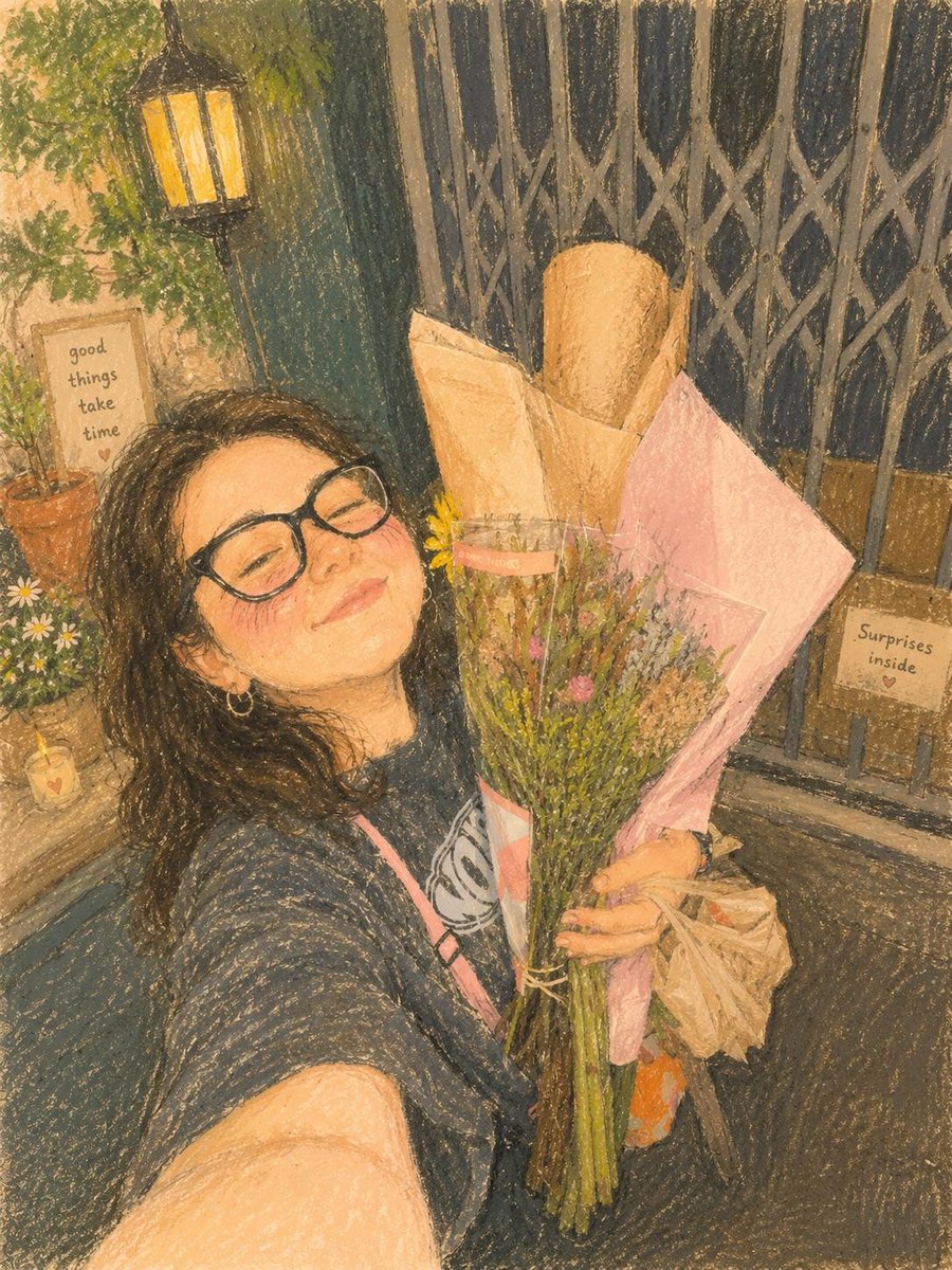 Cute cozy oil pastel illustration, soft textured crayon art style, aesthetic girl selfie portrai 3