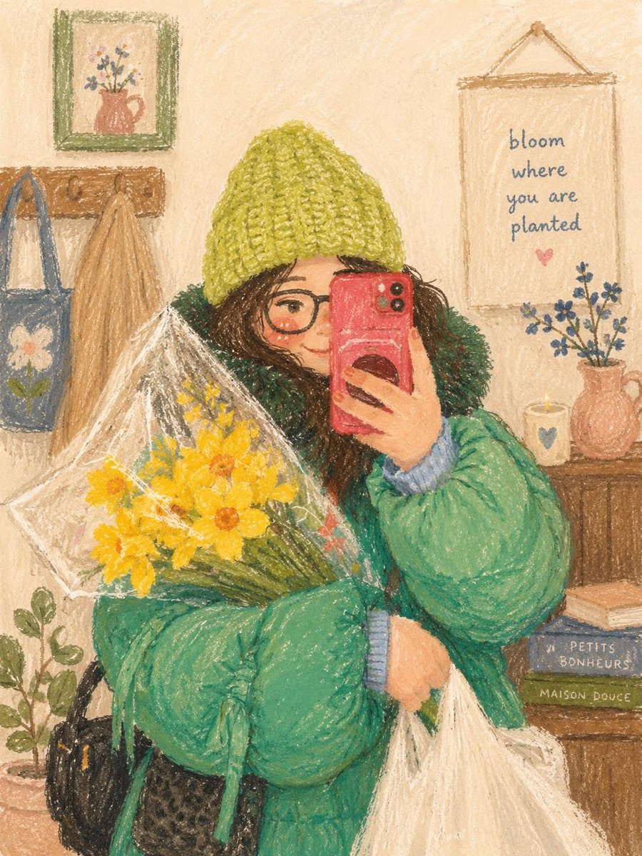Cute cozy oil pastel illustration, soft textured crayon art style, aesthetic girl selfie portrai