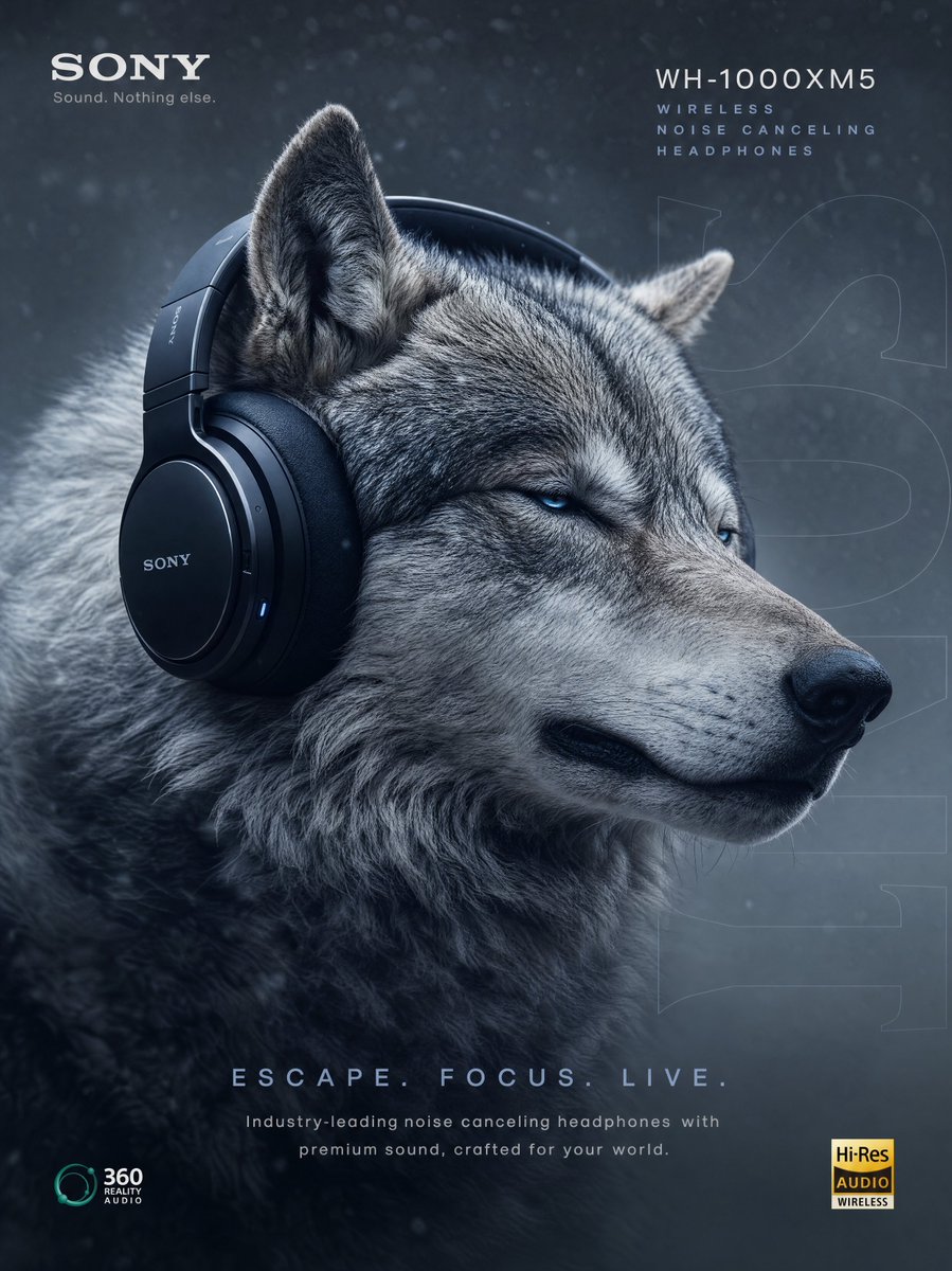 Ultra realistic commercial poster of a massive brown grizzly bear peacefully enjoying music whil 2