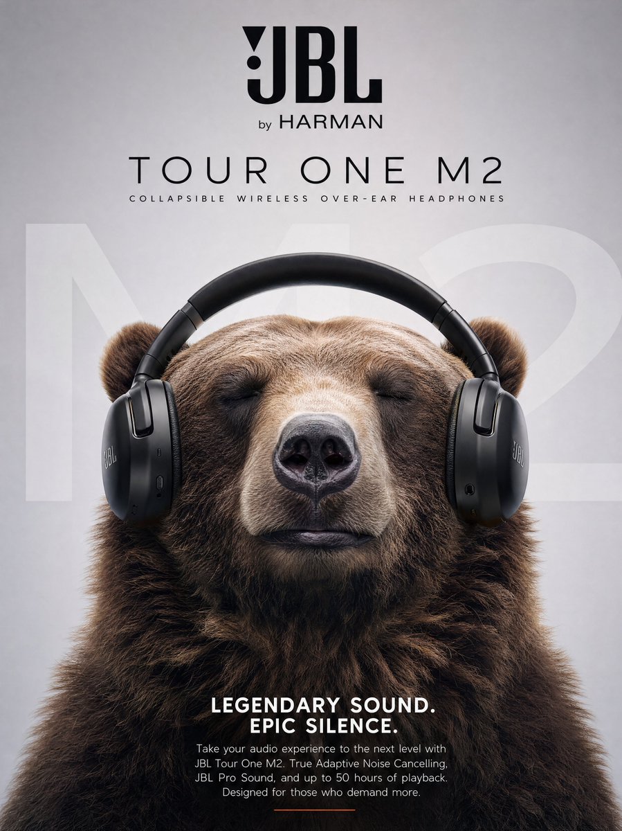 Ultra realistic commercial poster of a massive brown grizzly bear peacefully enjoying music whil