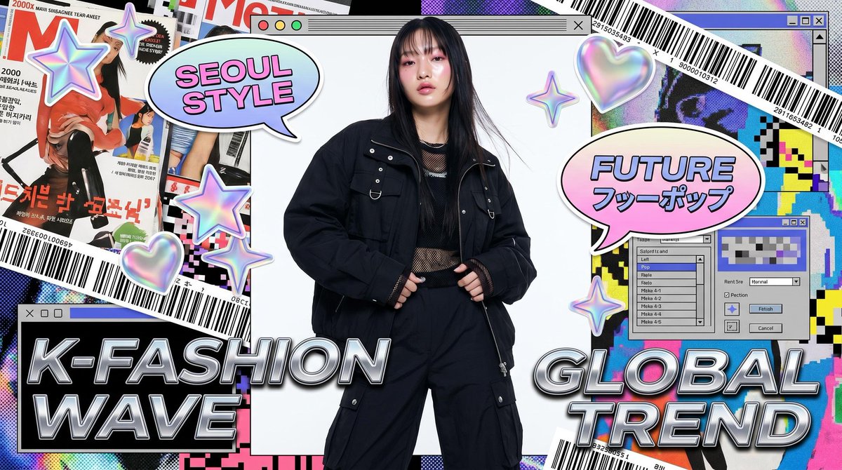 Ultra-stylized high-fashion editorial poster of a confident young Asian female model standing in 2